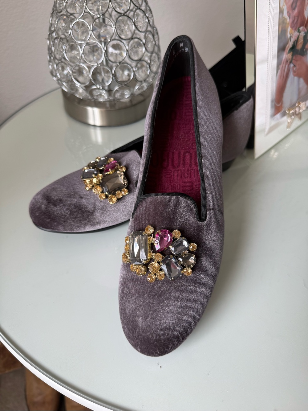 Munro Gray Velvet Loafers with Jeweled Accents